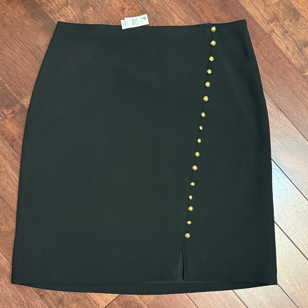 NWT Talbots Black Pencil Skirt with Gold Button Faux Wrap Look 14